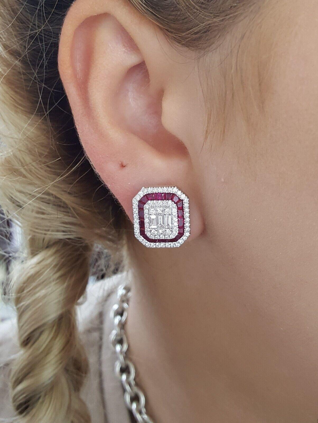 18k White Gold 3.39 ct Round & Baguette Diamond Ruby Halo Stud Earrings 12gm