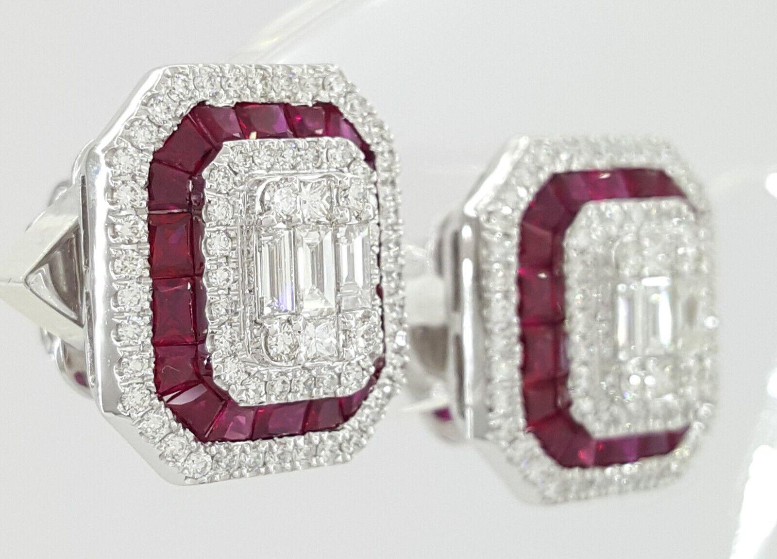 18k White Gold 3.39 ct Round & Baguette Diamond Ruby Halo Stud Earrings 12gm
