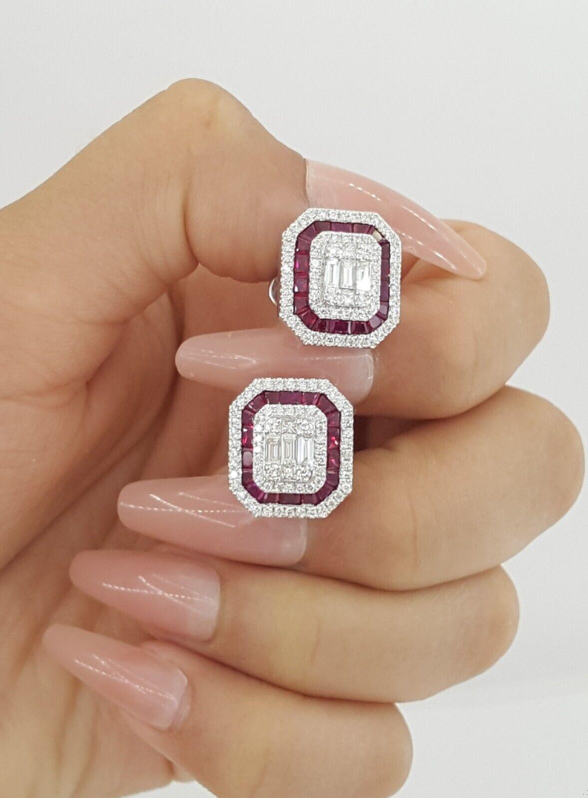 18k White Gold 3.39 ct Round & Baguette Diamond Ruby Halo Stud Earrings 12gm