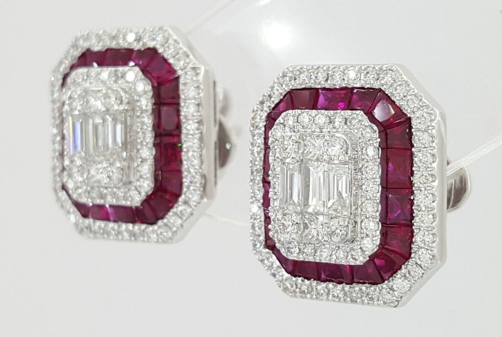 18k White Gold 3.39 ct Round & Baguette Diamond Ruby Halo Stud Earrings 12gm
