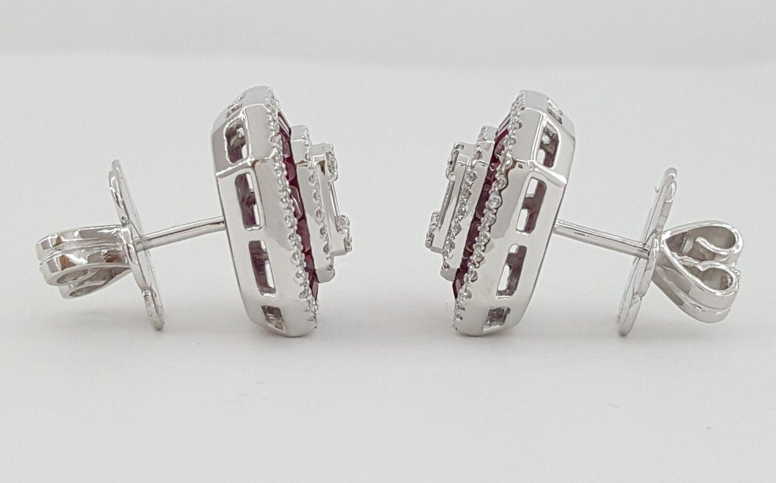 18k White Gold 3.39 ct Round & Baguette Diamond Ruby Halo Stud Earrings 12gm