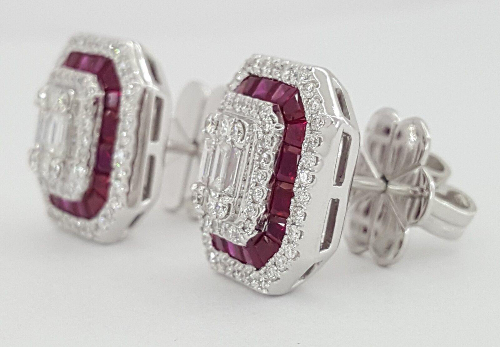 18k White Gold 3.39 ct Round & Baguette Diamond Ruby Halo Stud Earrings 12gm