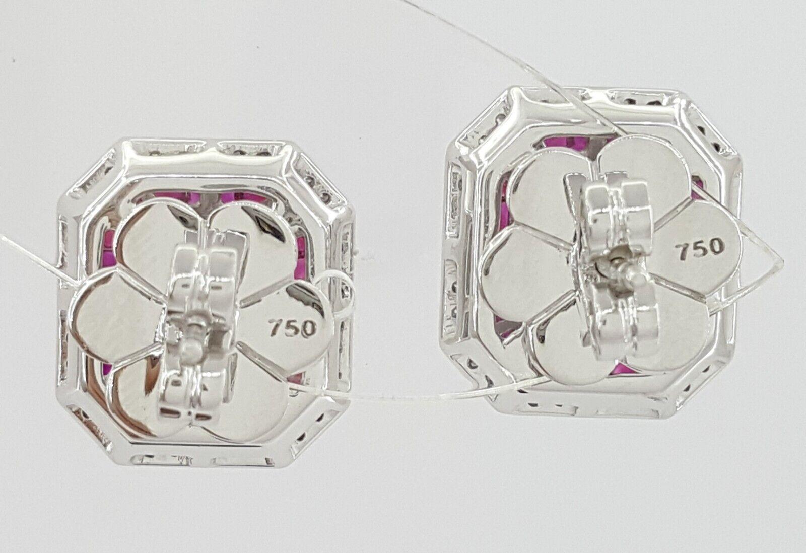 18k White Gold 3.39 ct Round & Baguette Diamond Ruby Halo Stud Earrings 12gm