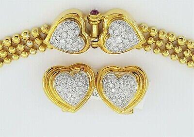 H.Stern 2.28 ct 18K Yellow Gold Double Heart Diamond Necklace & Earrings 79.4gm