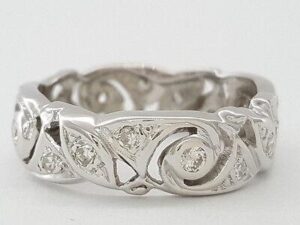 Antique Natural Round Diamond Flower Band Ring 14K White Gold 0.35 ct 6.5 mm