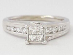 Invisible Set Princess & Round Cut Diamond 0.50ct 14k White Gold Engagement Ring