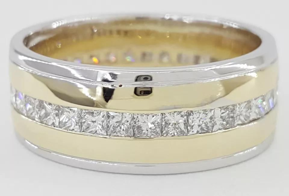 Channel Set Princess Cut Diamond 14k Yellow White Gold Men's Wedding Band 2.2 ct
