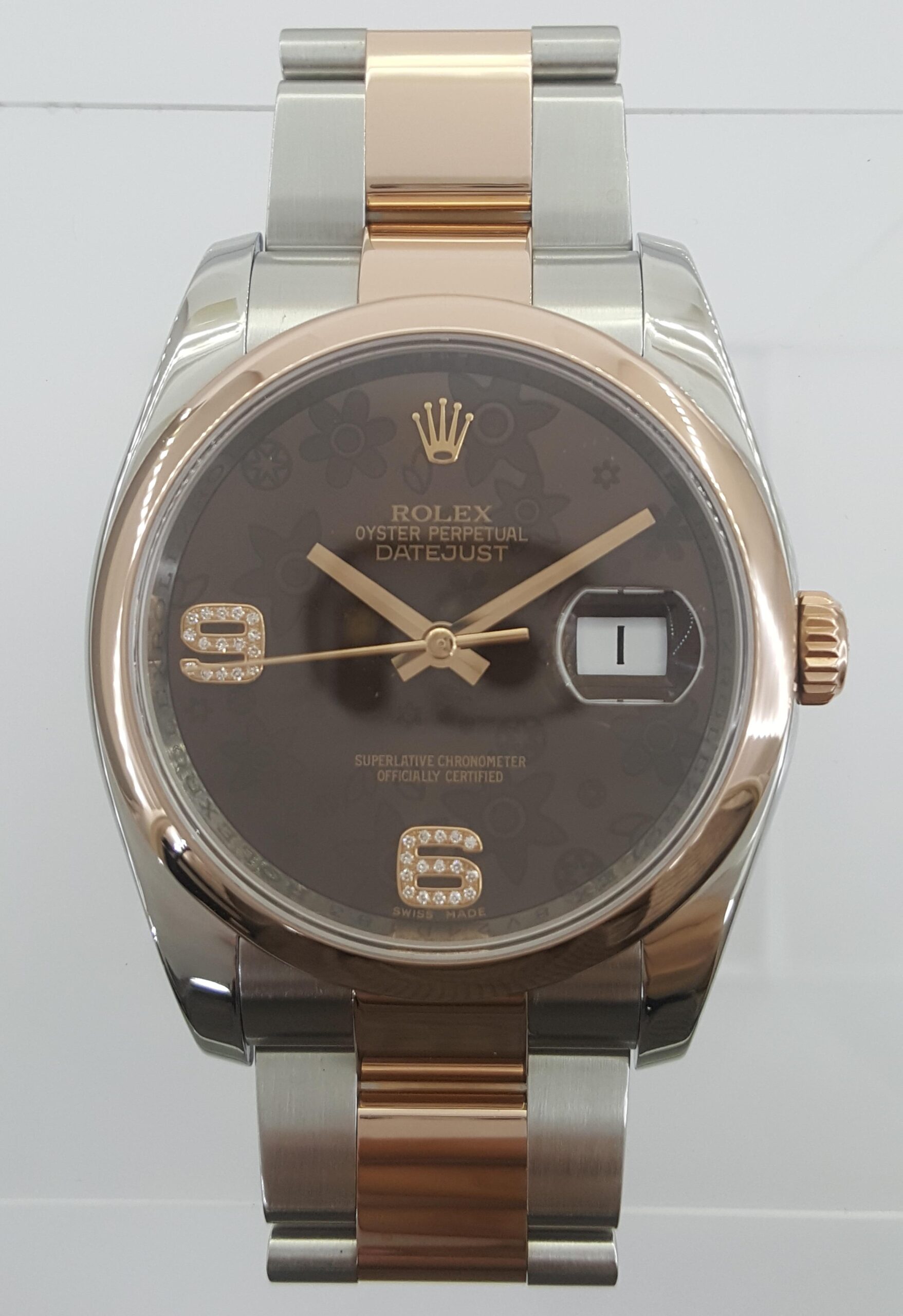 Rolex DateJust 116201 36 mm Factory Chocolate Floral Diamond Dial SS 18k Everose