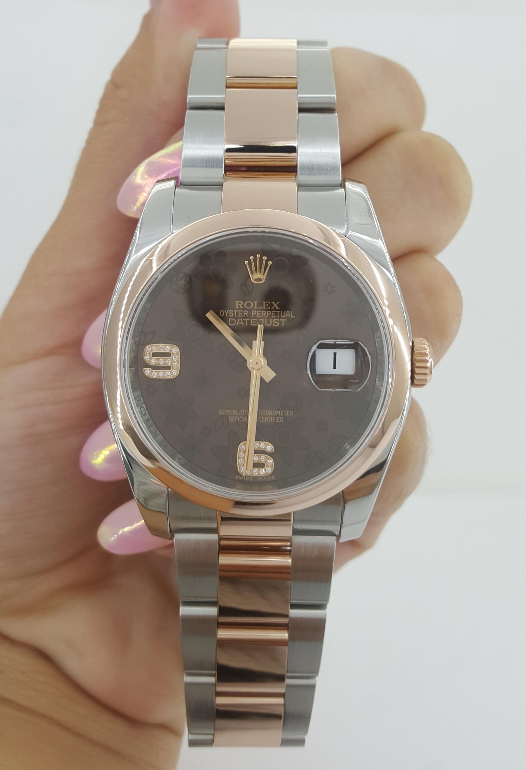 Rolex DateJust 116201 36 mm Factory Chocolate Floral Diamond Dial SS 18k Everose