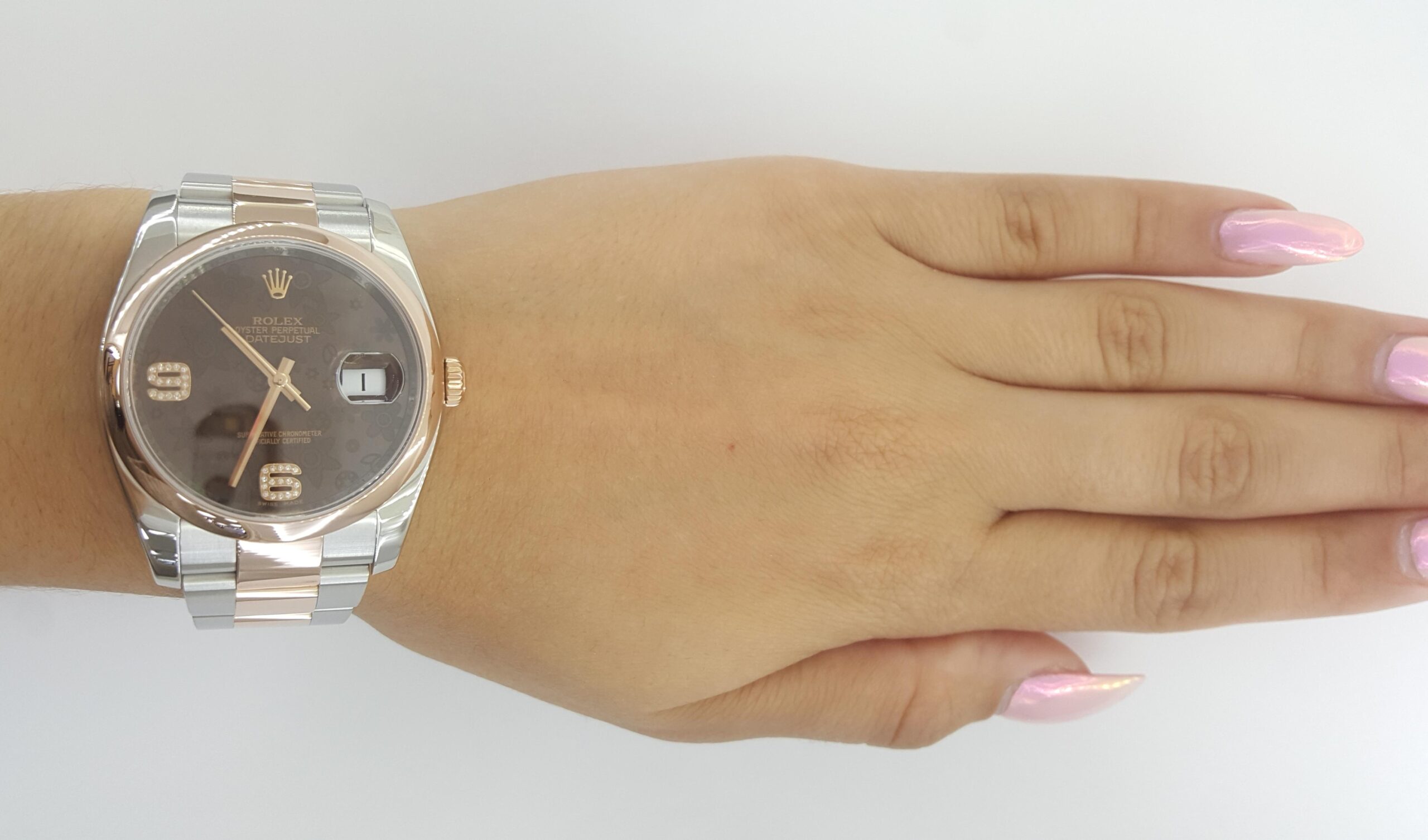 Rolex DateJust 116201 36 mm Factory Chocolate Floral Diamond Dial SS 18k Everose
