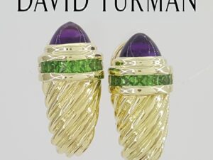 David Yurman Amethyst & Green Garnet Earrings 14k Yellow Gold 14.5 Grams