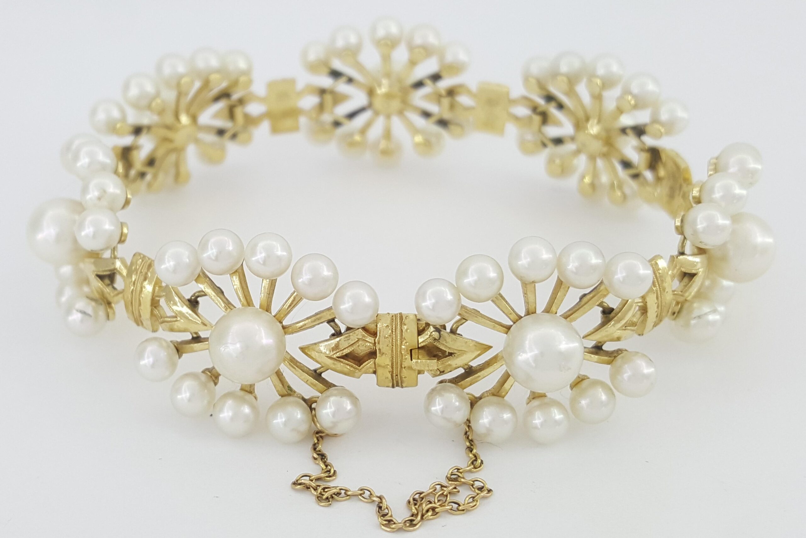 Vintage Mikimoto Akoya Pearl Floral Bracelet 14k Yellow Gold 29 Grams