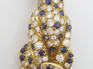 Vintage Panther Diamond Sapphire Emerald Brooch 1.9 ct 18k 1.6" French Made