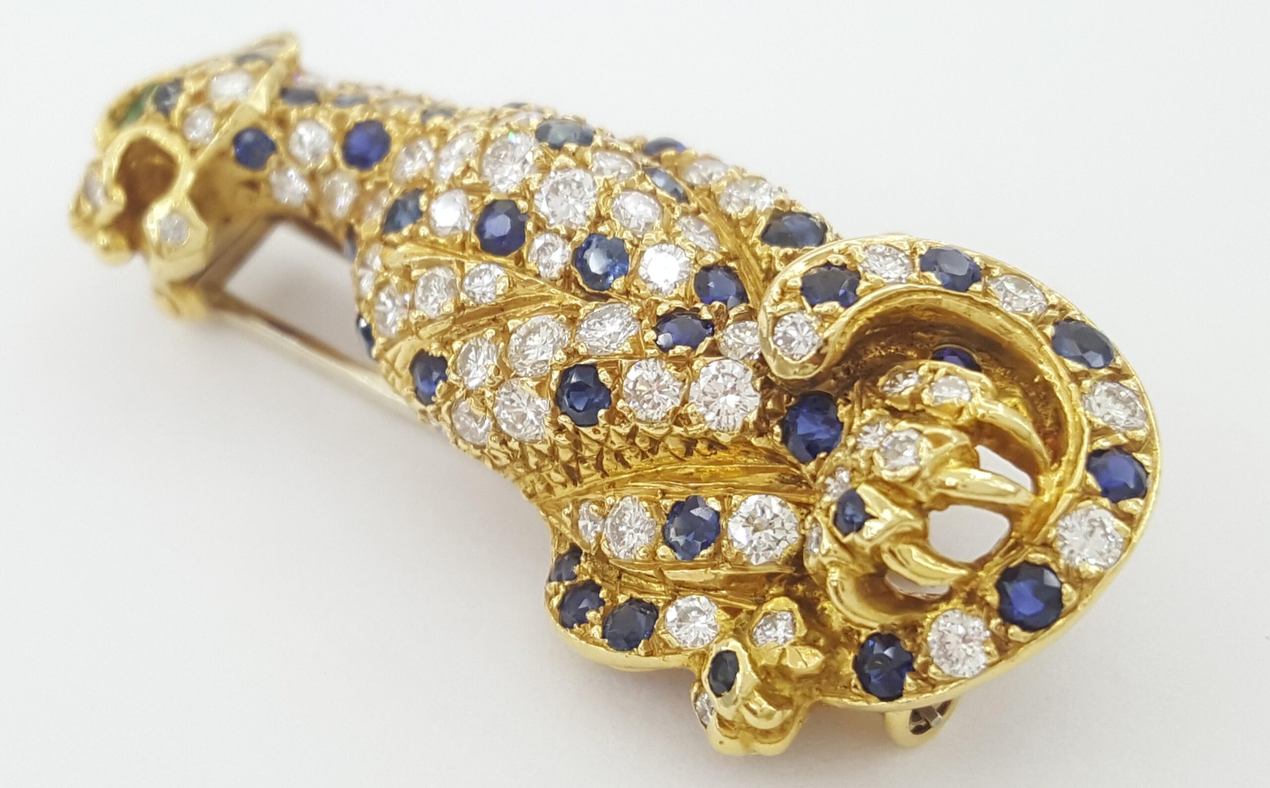 Vintage Panther Diamond Sapphire Emerald Brooch 1.9 ct 18k 1.6" French Made