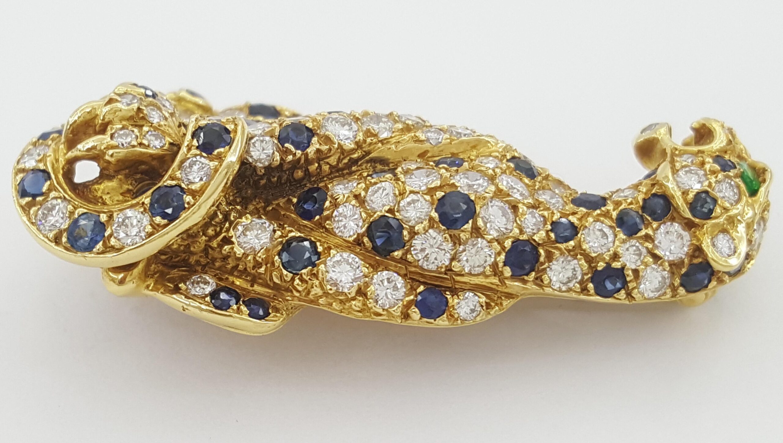 Vintage Panther Diamond Sapphire Emerald Brooch 1.9 ct 18k 1.6" French Made