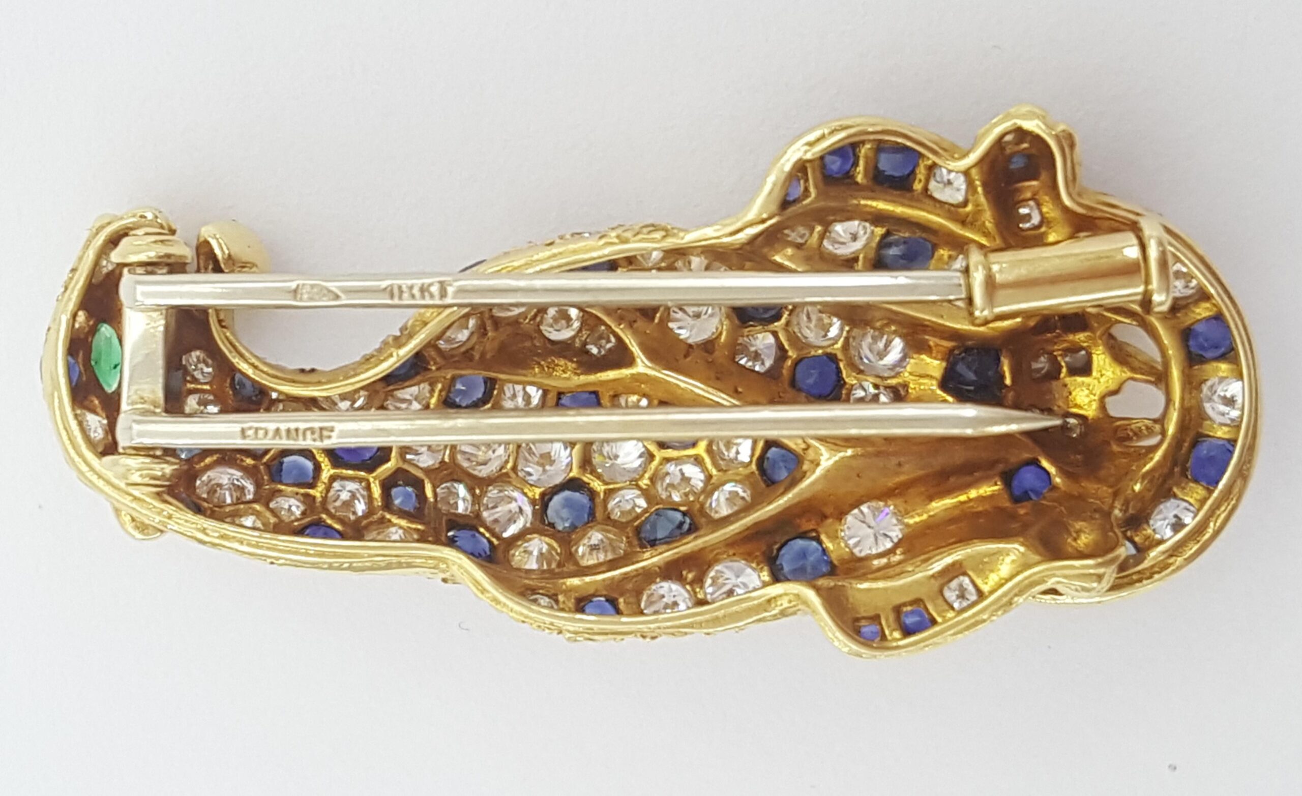 Vintage Panther Diamond Sapphire Emerald Brooch 1.9 ct 18k 1.6" French Made