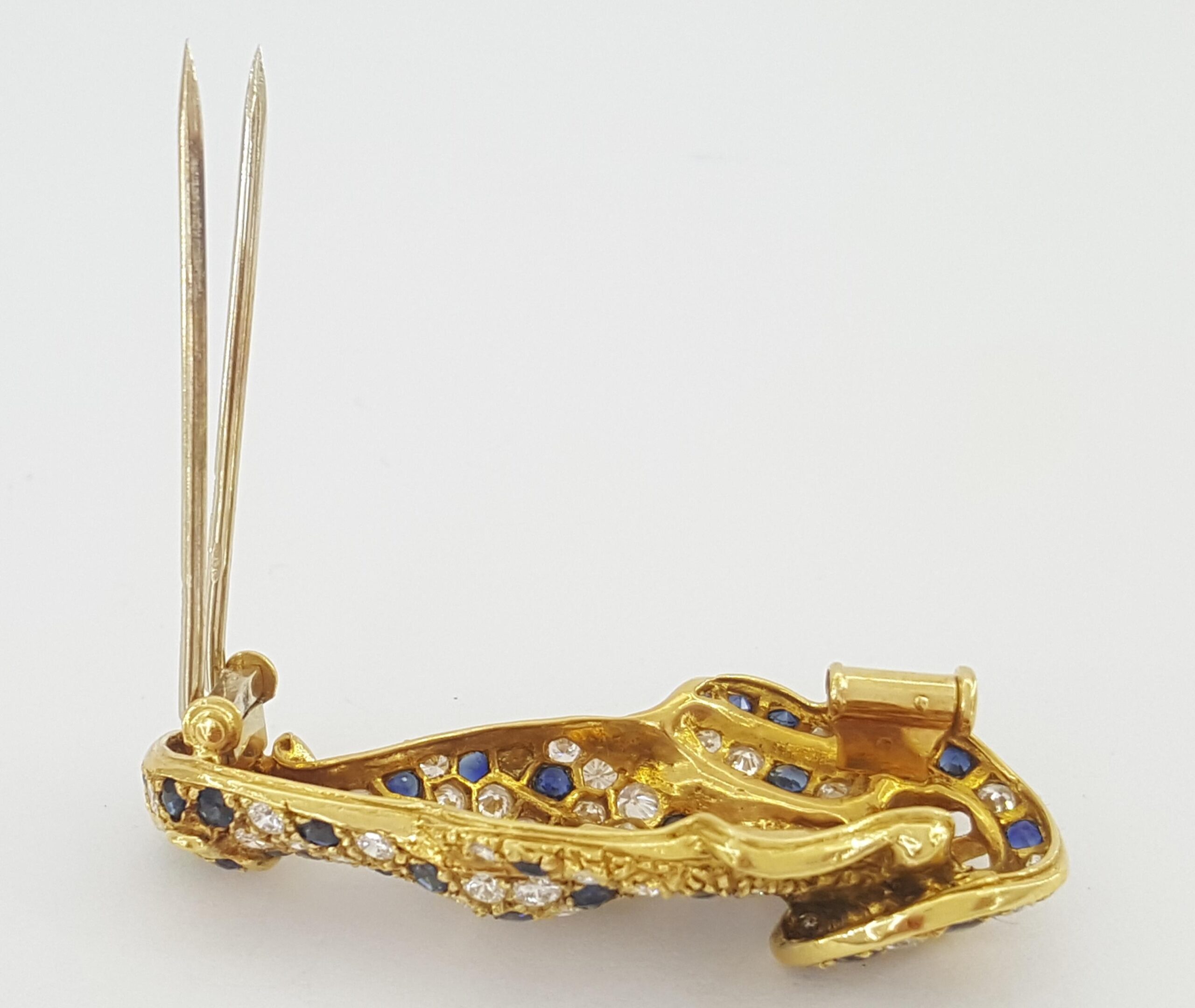 Vintage Panther Diamond Sapphire Emerald Brooch 1.9 ct 18k 1.6" French Made