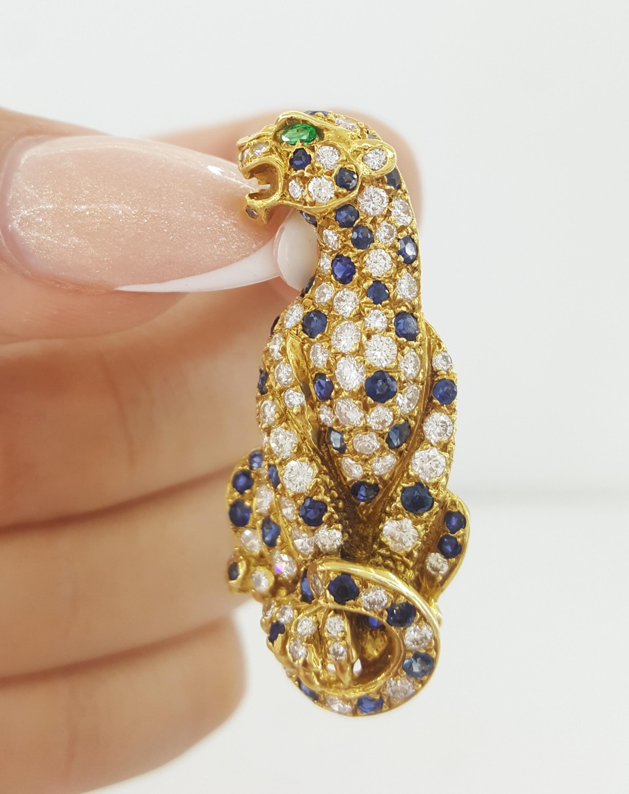 Vintage Panther Diamond Sapphire Emerald Brooch 1.9 ct 18k 1.6" French Made