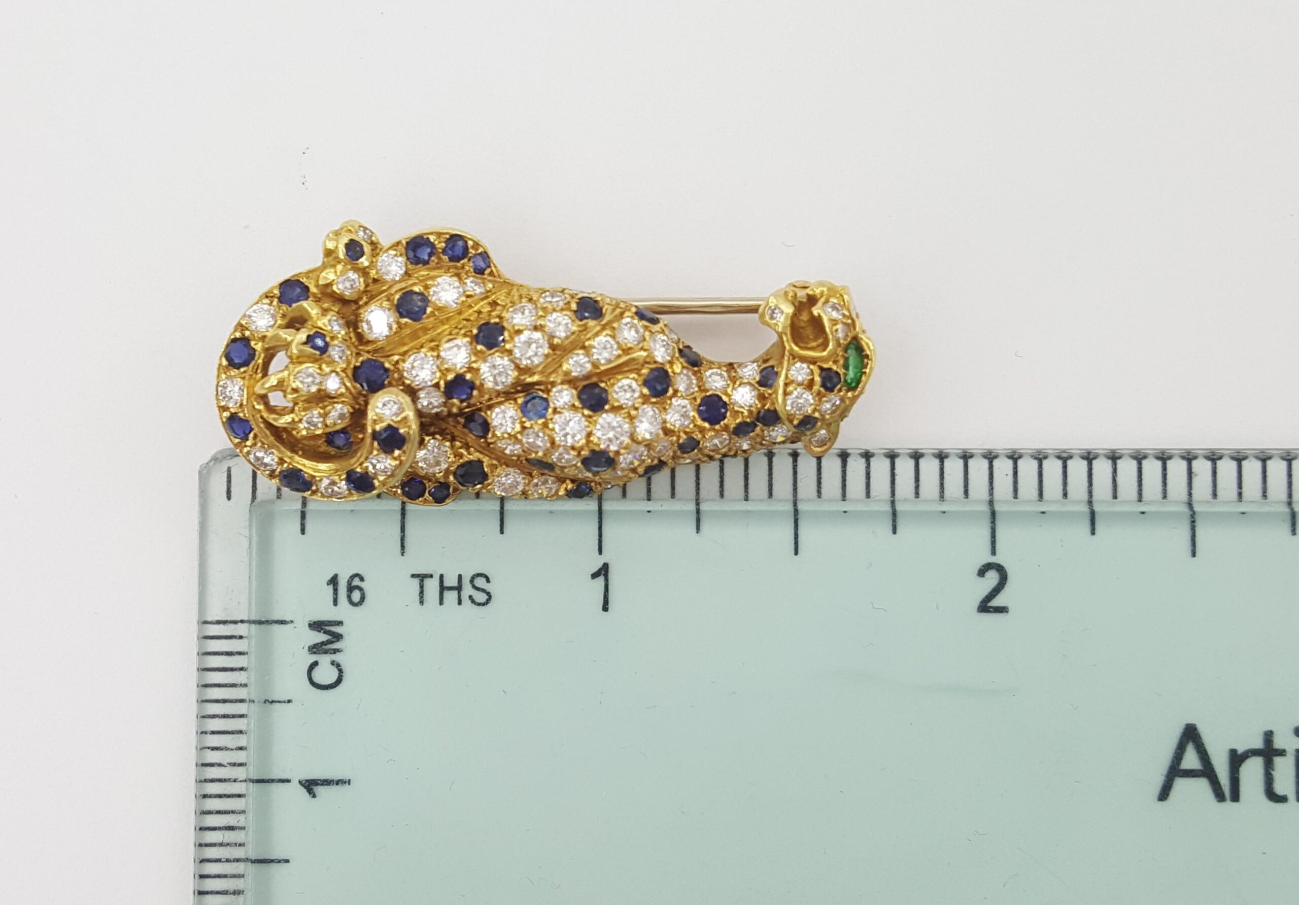 Vintage Panther Diamond Sapphire Emerald Brooch 1.9 ct 18k 1.6" French Made