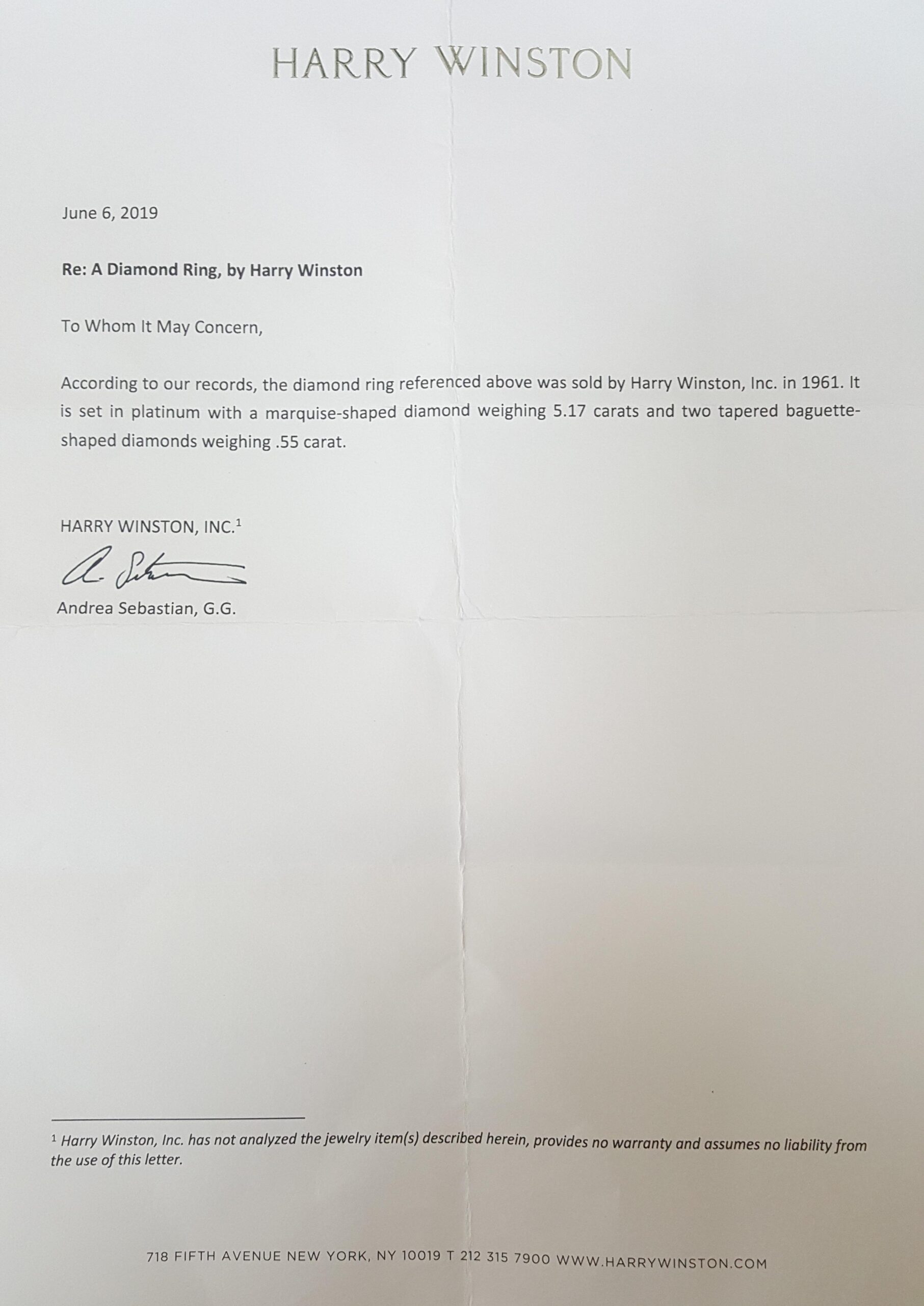 Vintage Harry Winston Classic Marquise Cut Diamond Engagement Ring 5.72 ct