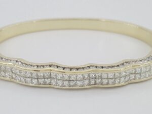 Princess Round Diamond Bangle Bracelet 4 ct 14K Yellow Gold 25.6 Grams 7"