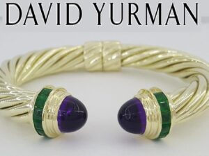 David Yurman Renaissance Amethyst & Emerald Cuff Bracelet 14k Gold 41 Grams 6.5"