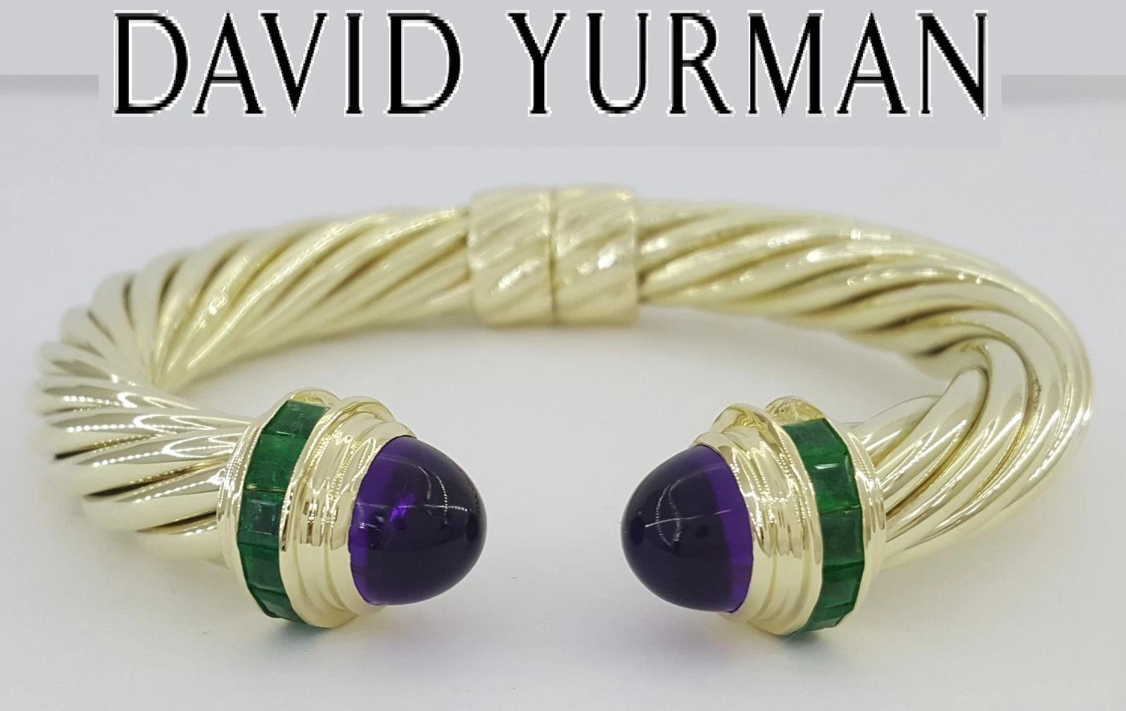 David Yurman Renaissance Amethyst & Emerald Cuff Bracelet 14k Gold 41 Grams 6.5"