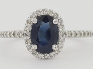 Oval Blue Sapphire & Diamond Halo 14k White Gold Engagement Ring 0.9 ct