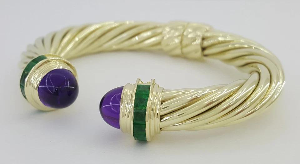 David Yurman Renaissance Amethyst & Emerald Cuff Bracelet 14k Gold 41 Grams 6.5"