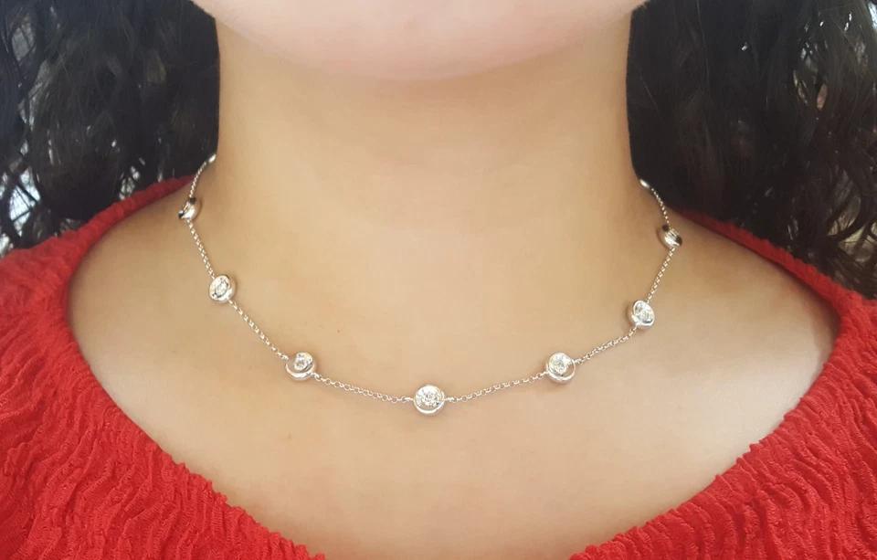 Round Brilliant Cut Diamond By The Yard Necklace 16" 1.4 ct 14K White Gold