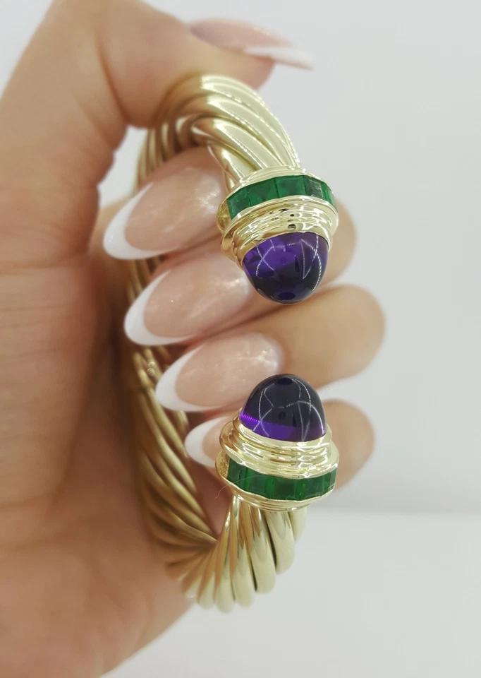 David Yurman Renaissance Amethyst & Emerald Cuff Bracelet 14k Gold 41 Grams 6.5"