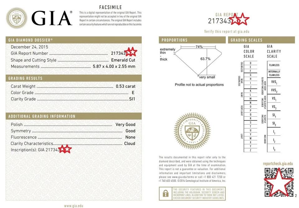 Emerald Cut Diamond 0.66 ct Engagement Ring 14K White Gold E/SI1 GIA