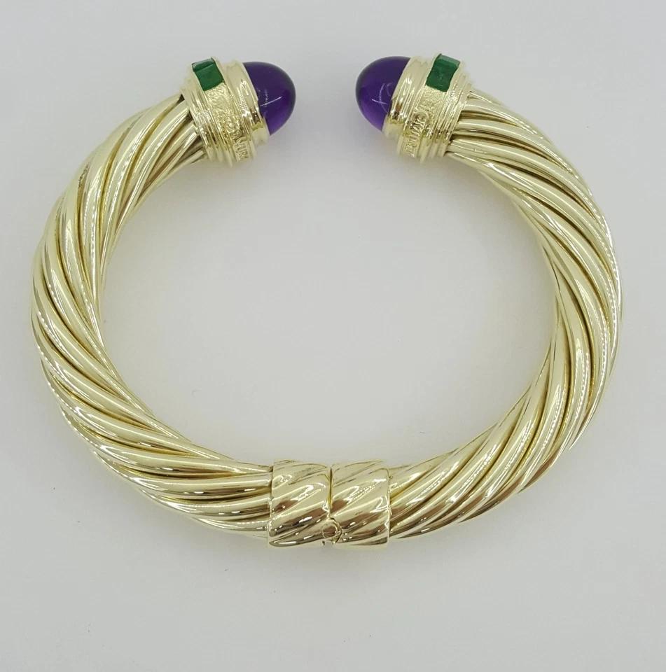 David Yurman Renaissance Amethyst & Emerald Cuff Bracelet 14k Gold 41 Grams 6.5"