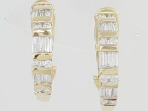 Round Baguette Diamond J Hoop Earrings 1 ct 14K Yellow Gold Omega Backs