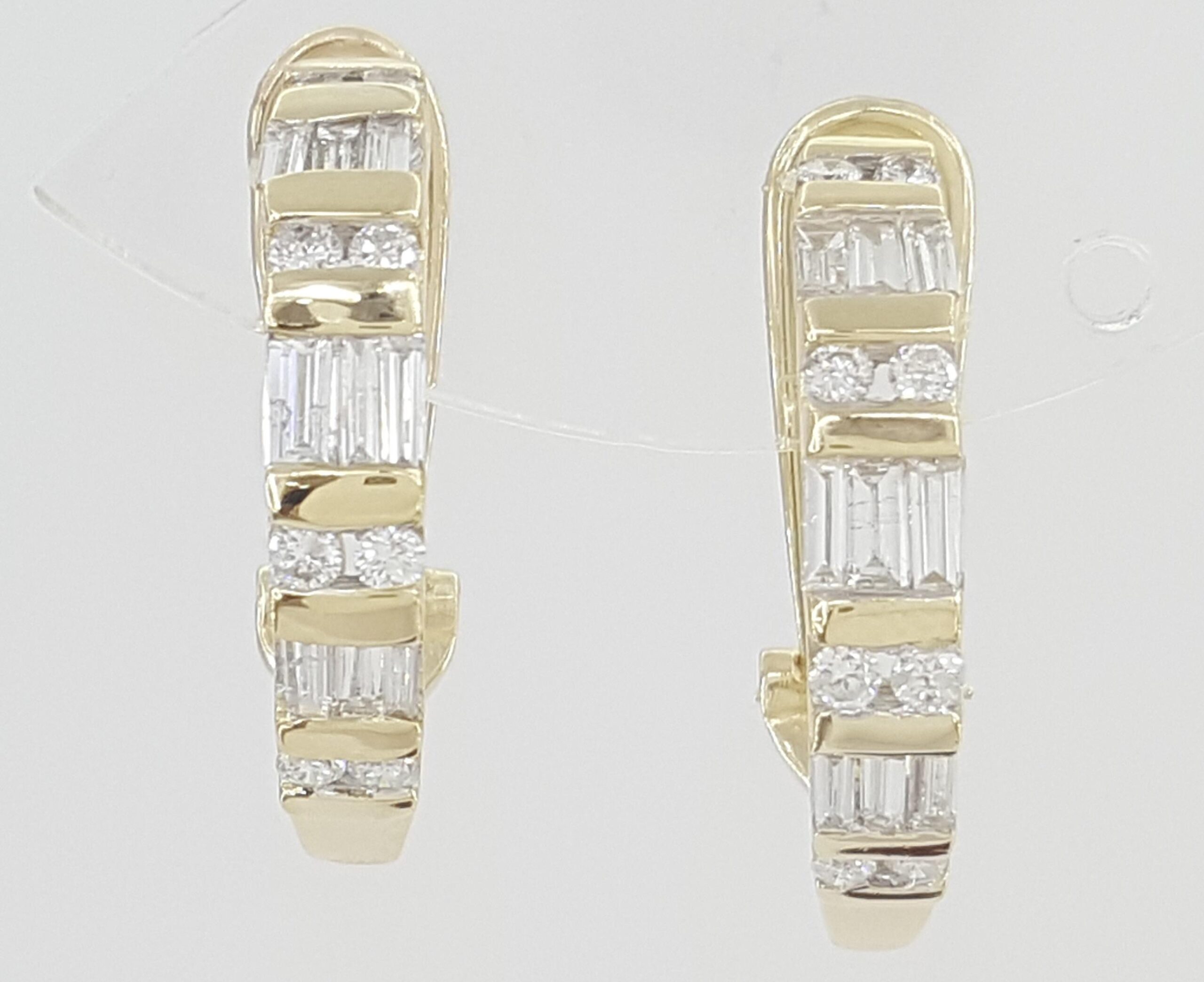 Round Baguette Diamond J Hoop Earrings 1 ct 14K Yellow Gold Omega Backs