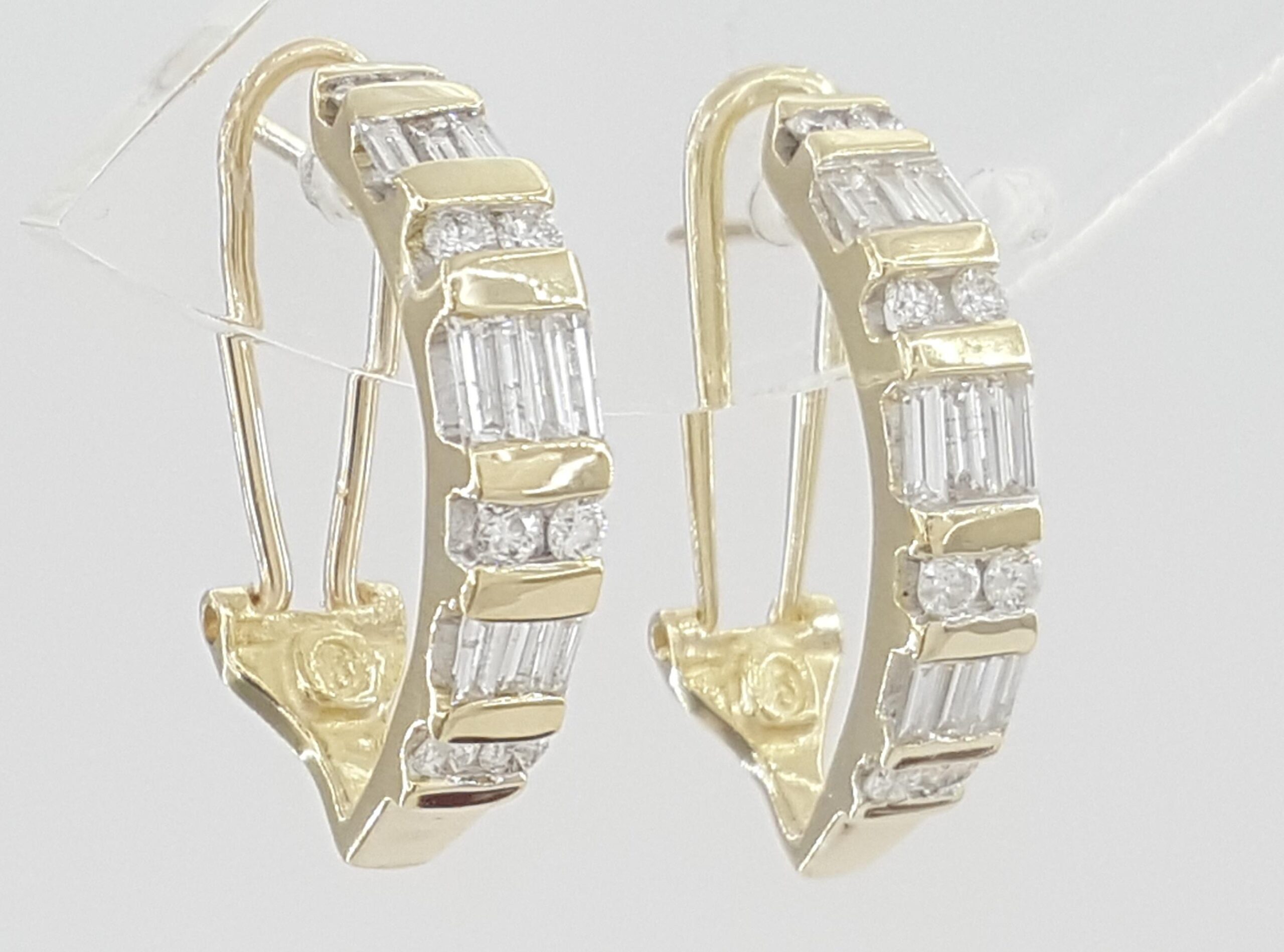 Round Baguette Diamond J Hoop Earrings 1 ct 14K Yellow Gold Omega Backs