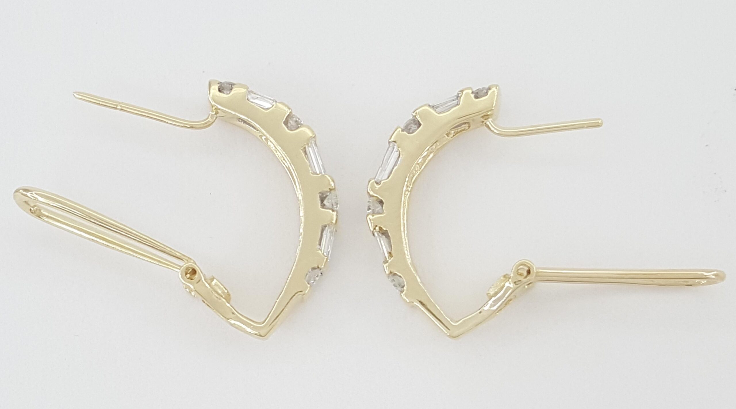 Round Baguette Diamond J Hoop Earrings 1 ct 14K Yellow Gold Omega Backs