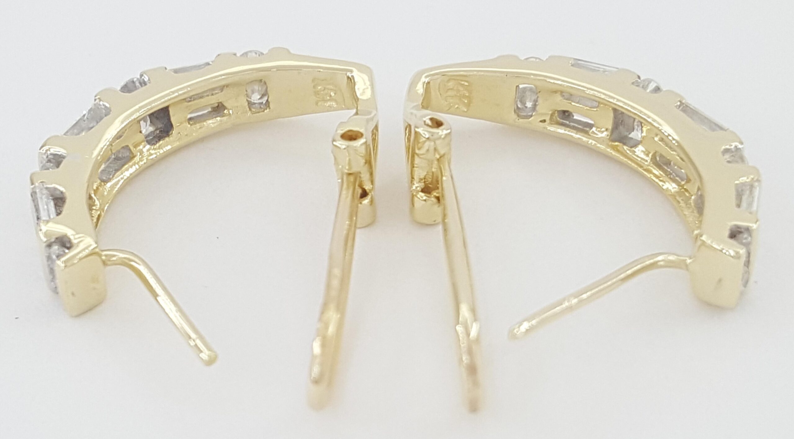 Round Baguette Diamond J Hoop Earrings 1 ct 14K Yellow Gold Omega Backs
