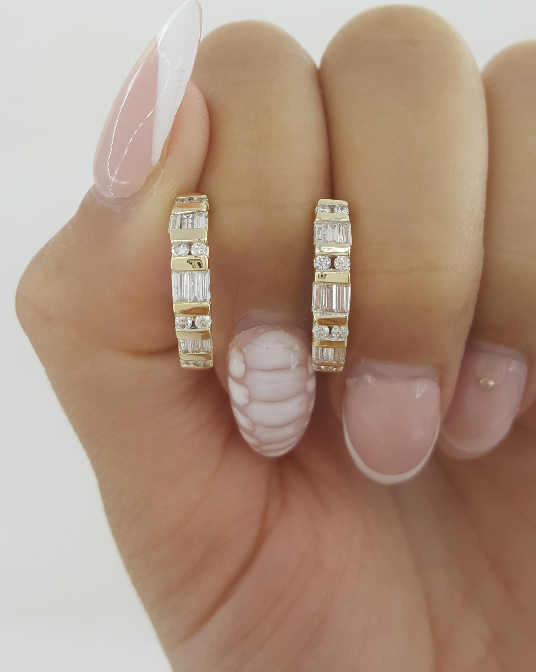 Round Baguette Diamond J Hoop Earrings 1 ct 14K Yellow Gold Omega Backs