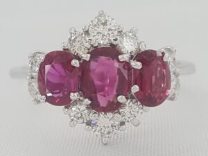 Oval Ruby & Diamonds Three Stone Ring 1.9 ct 14k White Gold