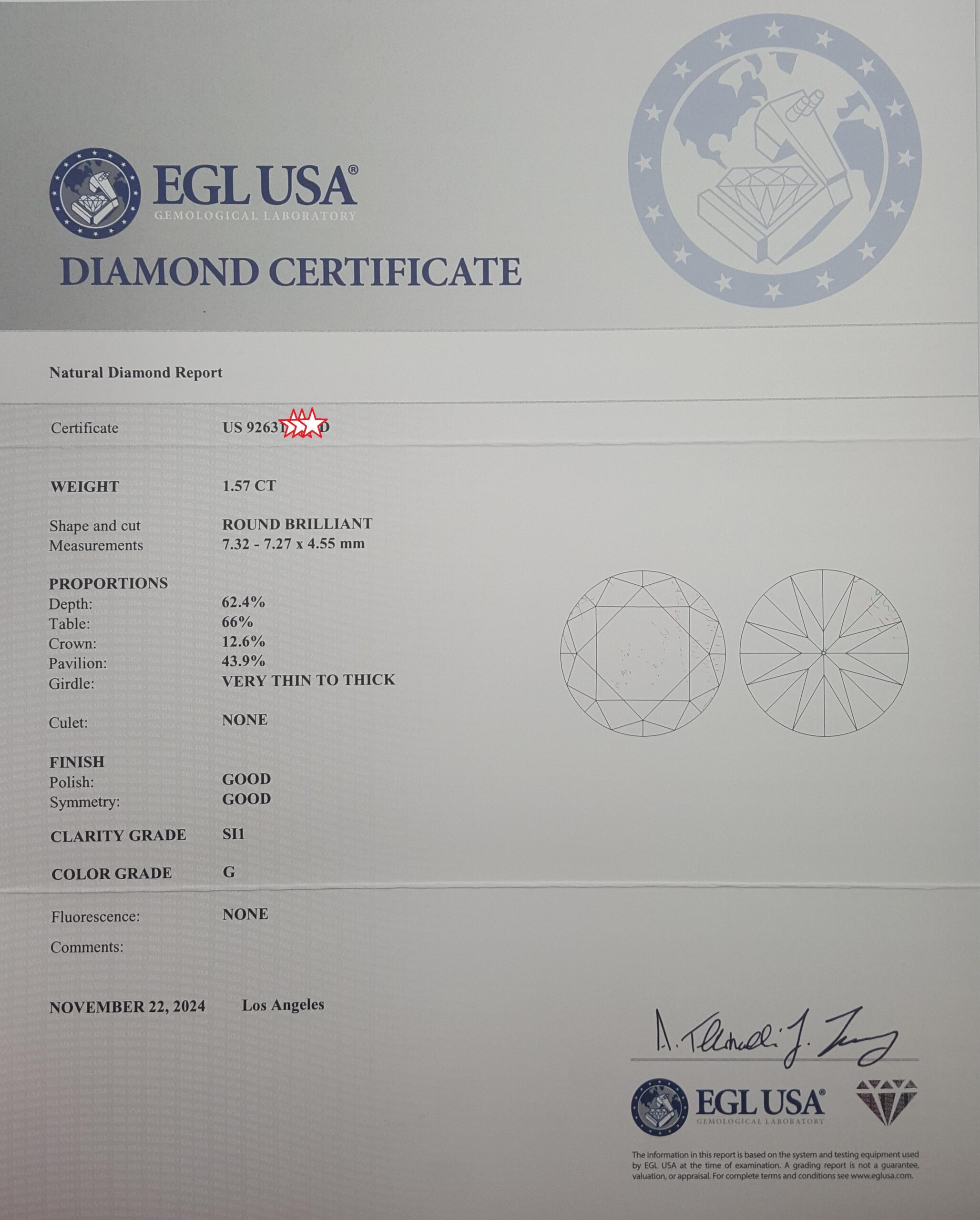 Round Diamond Solitaire Engagement Ring 1.57 ct 18k White Gold Rtl $19K