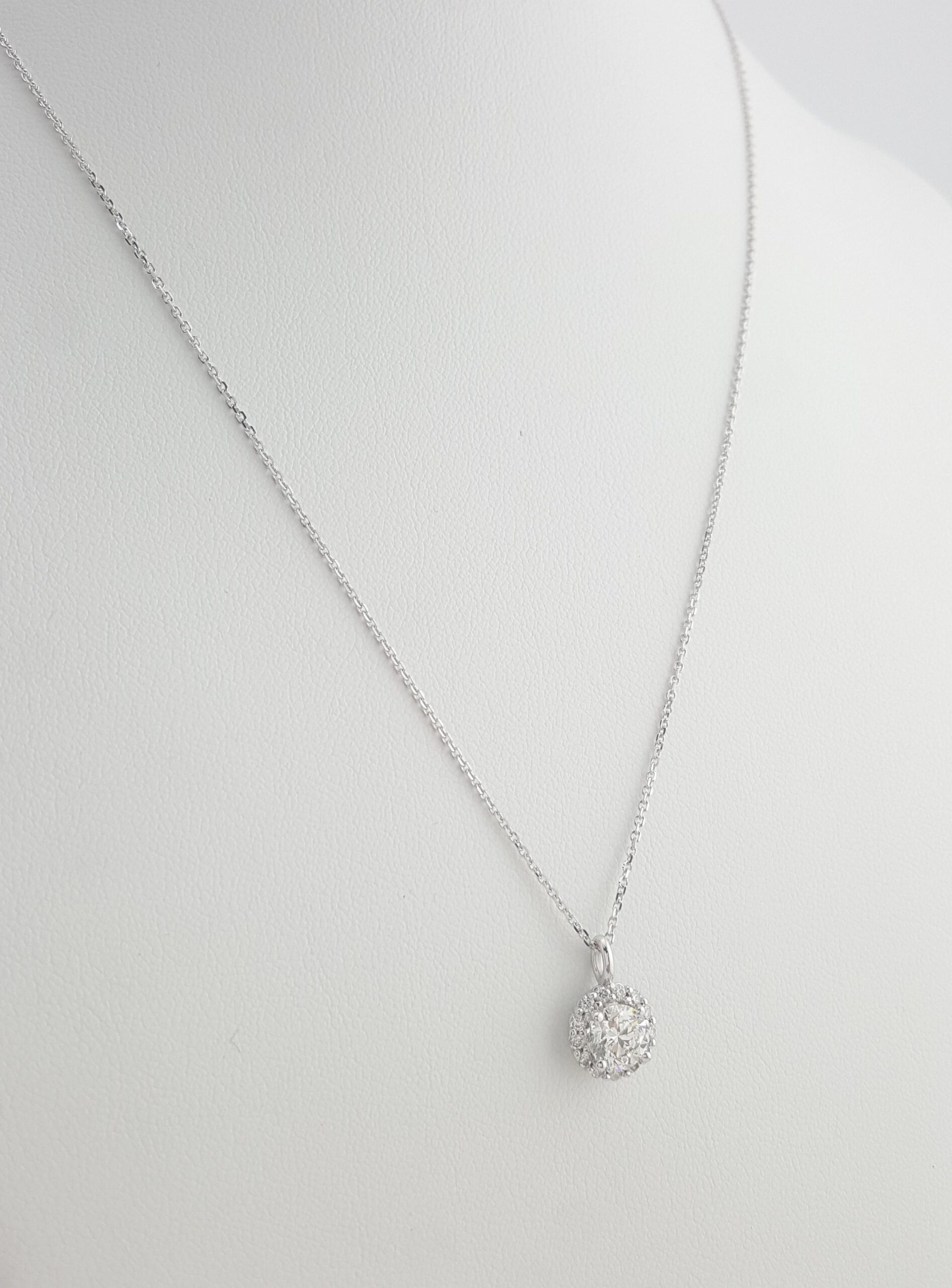 Round Brilliant Diamond Halo Pendant Necklace 14K White Gold 1.14 ct Retail $7K