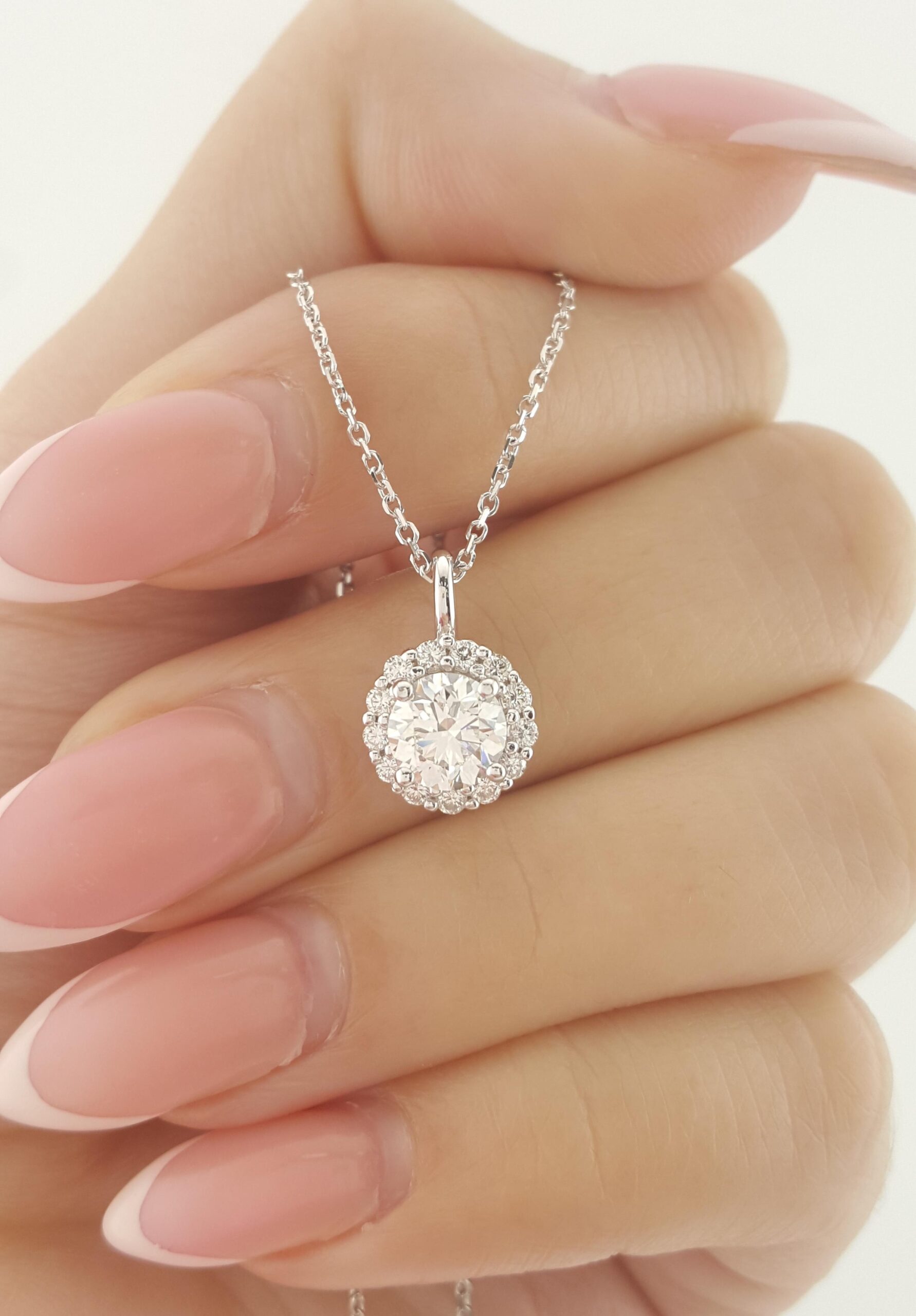 Round Brilliant Diamond Halo Pendant Necklace 14K White Gold 1.14 ct Retail $7K
