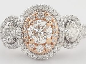 Double Halo Diamond Three 3-Stone Engagement Ring 0.8 ct 14K Multi-Gold Rtl $3K