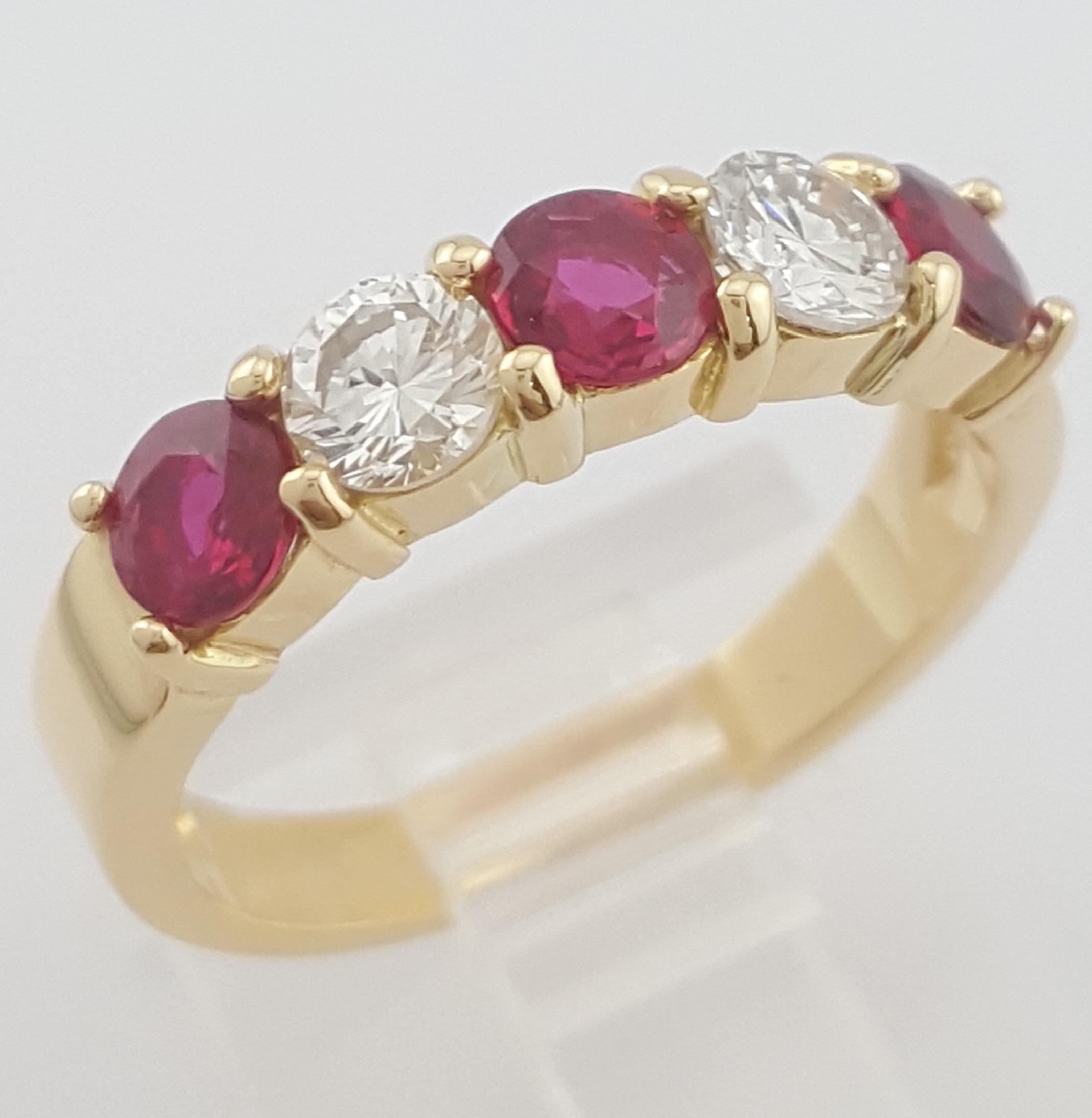 Ruby & Diamond 5 Stone Ring 1.32 ct 18k Yellow Gold