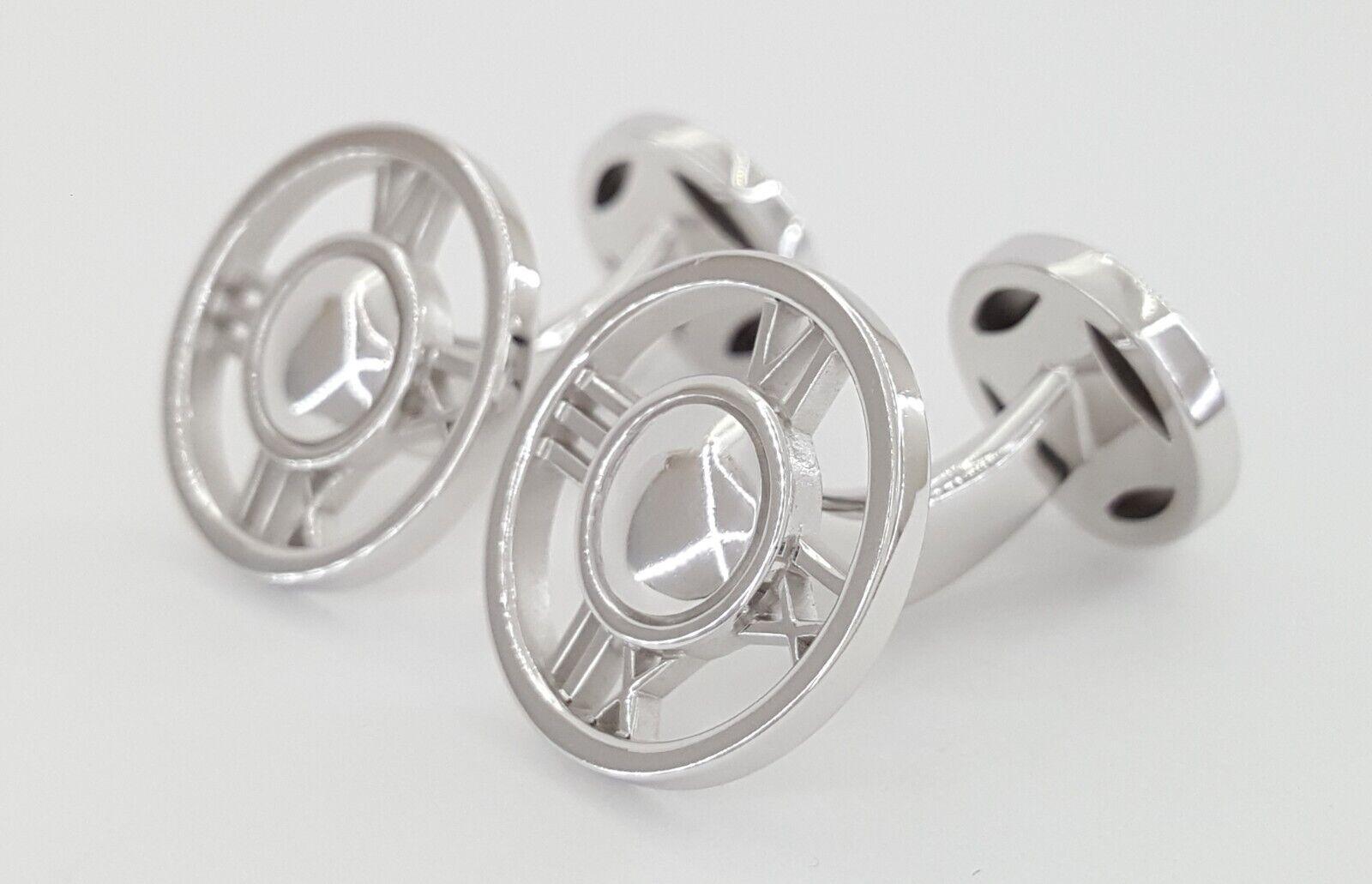 Tiffany & Co Atlas Roman Numerals Round Cufflinks 18k White Gold Italy 14 Grams