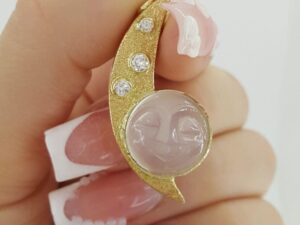 Vintage Diamond & Moonstone Man on The Moon Pendant 0.2ct 14K Yellow Gold 5.4 Gr