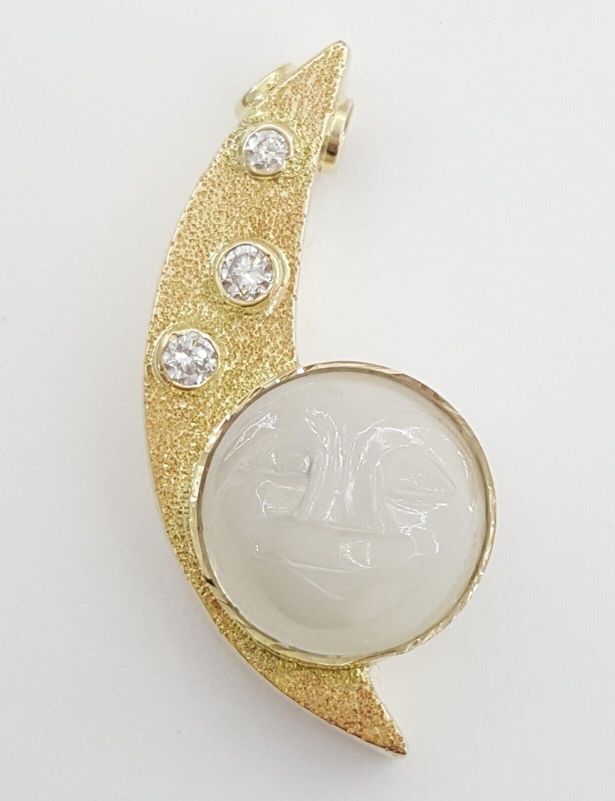 Vintage Diamond & Moonstone Man on The Moon Pendant 0.2ct 14K Yellow Gold 5.4 Gr