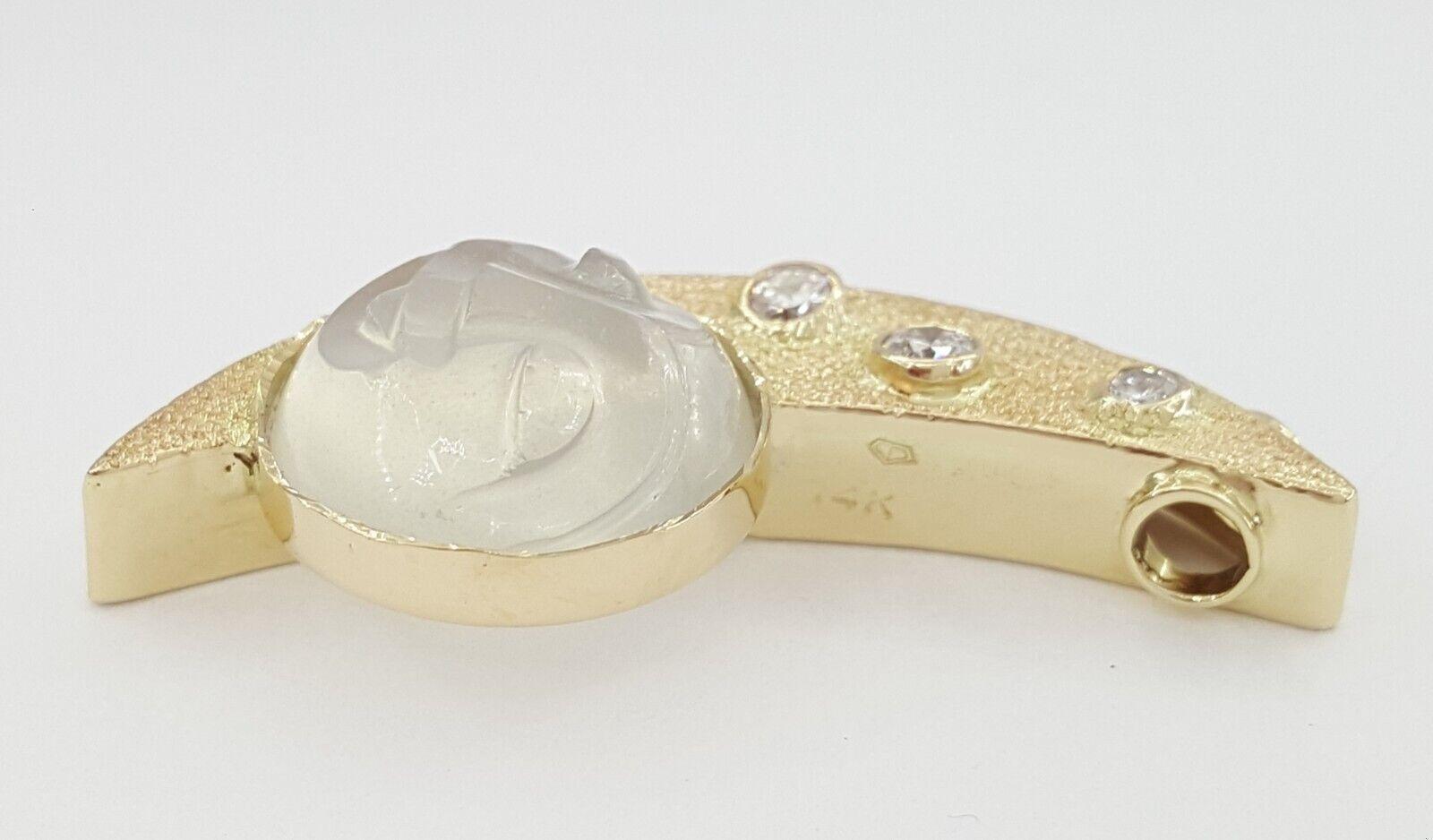 Vintage Diamond & Moonstone Man on The Moon Pendant 0.2ct 14K Yellow Gold 5.4 Gr