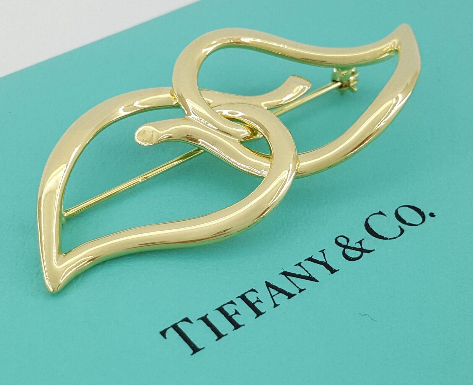 Tiffany & Co Vintage 18K Yellow Gold Double Leaf Heart Brooch Pin 12.6 g 55mm